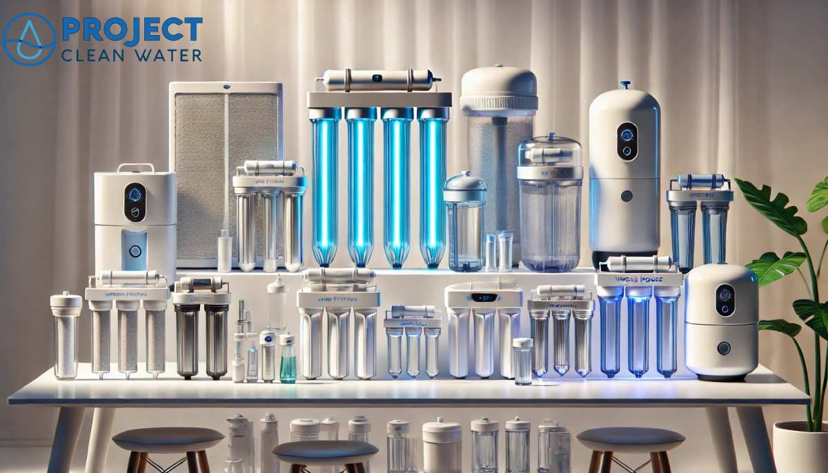 Modern water filtration systems with UV purifiers and reverse osmosis filters on a white table, featuring the Project Clean Water logo.